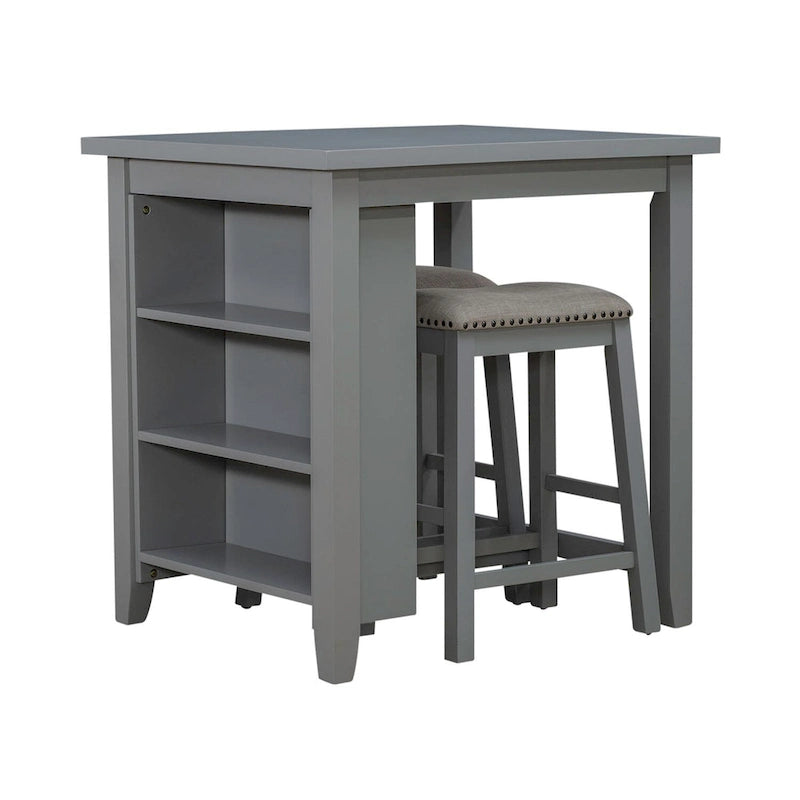Ensemble de salle à manger 3 pièces hauteur comptoir, table bibliothèque avec 2 tabourets rembourrés, en acacia et hévéa
