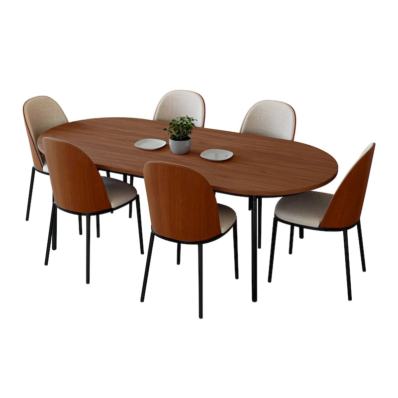 Ensemble de salle à manger 7 pièces, cadre en acier noir, table rectangulaire avec 6 chaises, style industriel moderne
