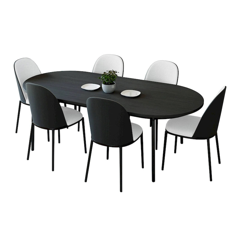 Ensemble de salle à manger 7 pièces, cadre en acier noir, table rectangulaire avec 6 chaises, style industriel moderne
