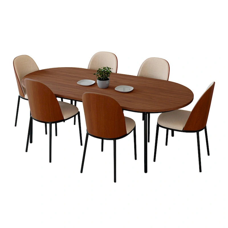 Ensemble de salle à manger 7 pièces, cadre en acier noir, table rectangulaire avec 6 chaises, style industriel moderne