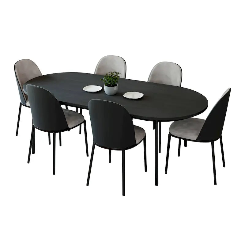 Ensemble de salle à manger 7 pièces, cadre en acier noir, table rectangulaire avec 6 chaises, style industriel moderne