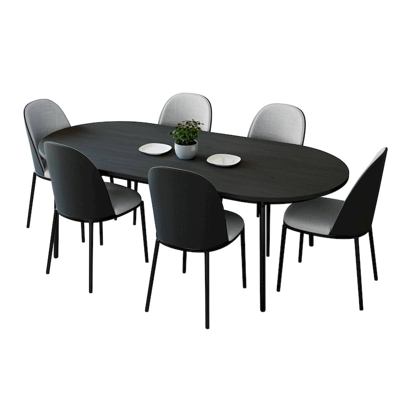 Ensemble de salle à manger 7 pièces, cadre en acier noir, table rectangulaire avec 6 chaises, style industriel moderne