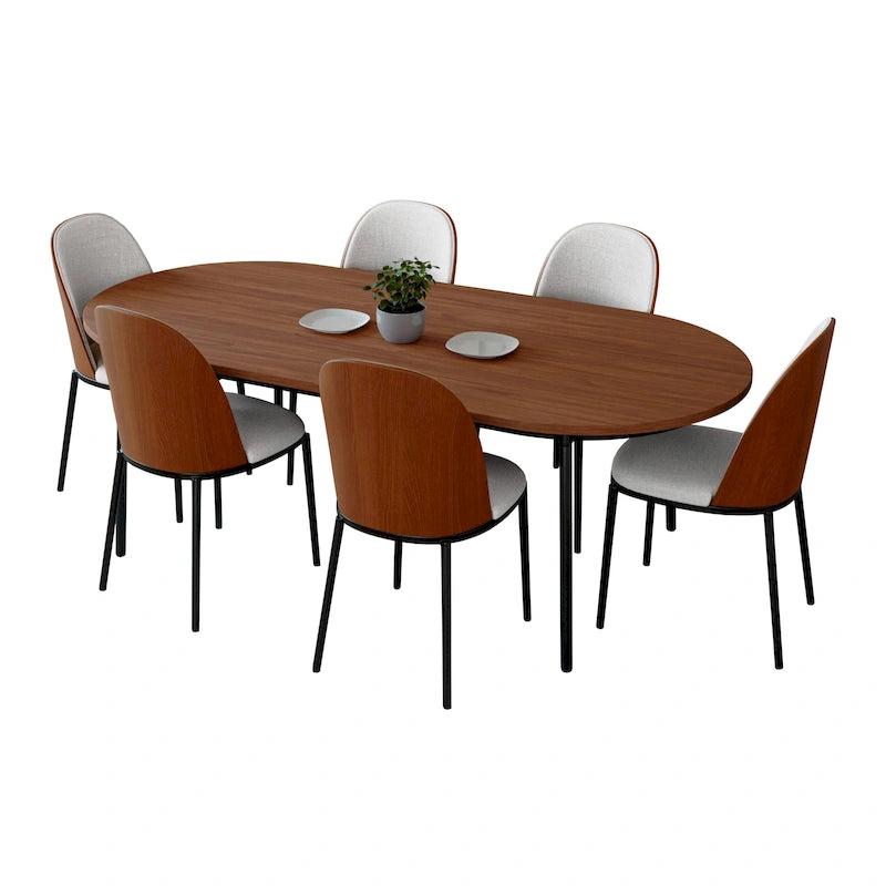 Ensemble de salle à manger 7 pièces, cadre en acier noir, table rectangulaire avec 6 chaises, style industriel moderne