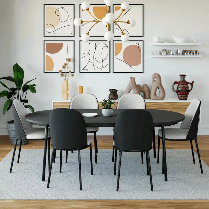Ensemble de salle à manger 7 pièces, cadre en acier noir, table rectangulaire avec 6 chaises, style industriel moderne
