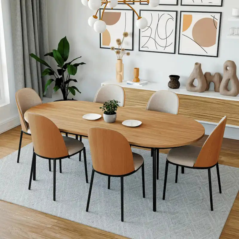 Ensemble de salle à manger 7 pièces, cadre en acier noir, table rectangulaire avec 6 chaises, style industriel moderne
