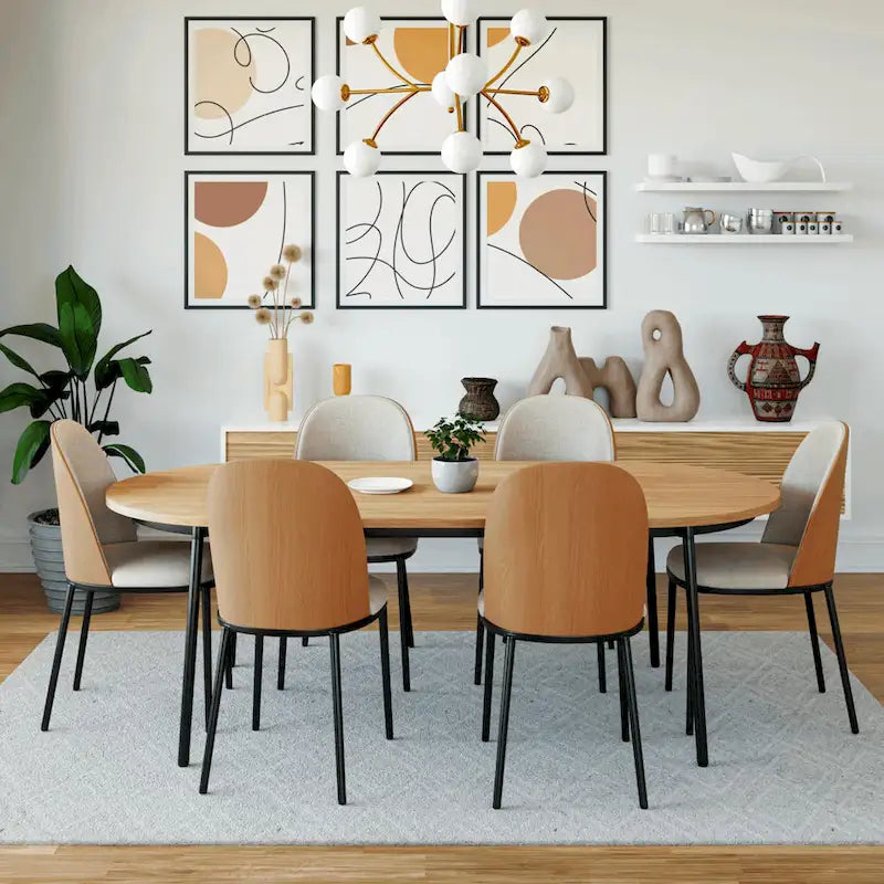 Ensemble de salle à manger 7 pièces, cadre en acier noir, table rectangulaire avec 6 chaises, style industriel moderne