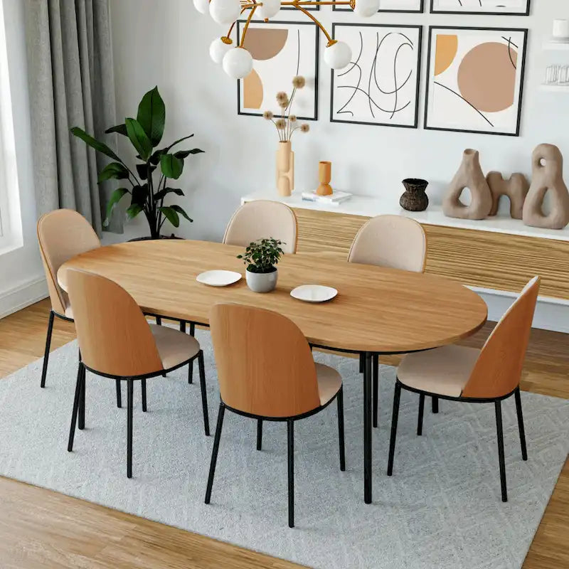 Ensemble de salle à manger 7 pièces, cadre en acier noir, table rectangulaire avec 6 chaises, style industriel moderne