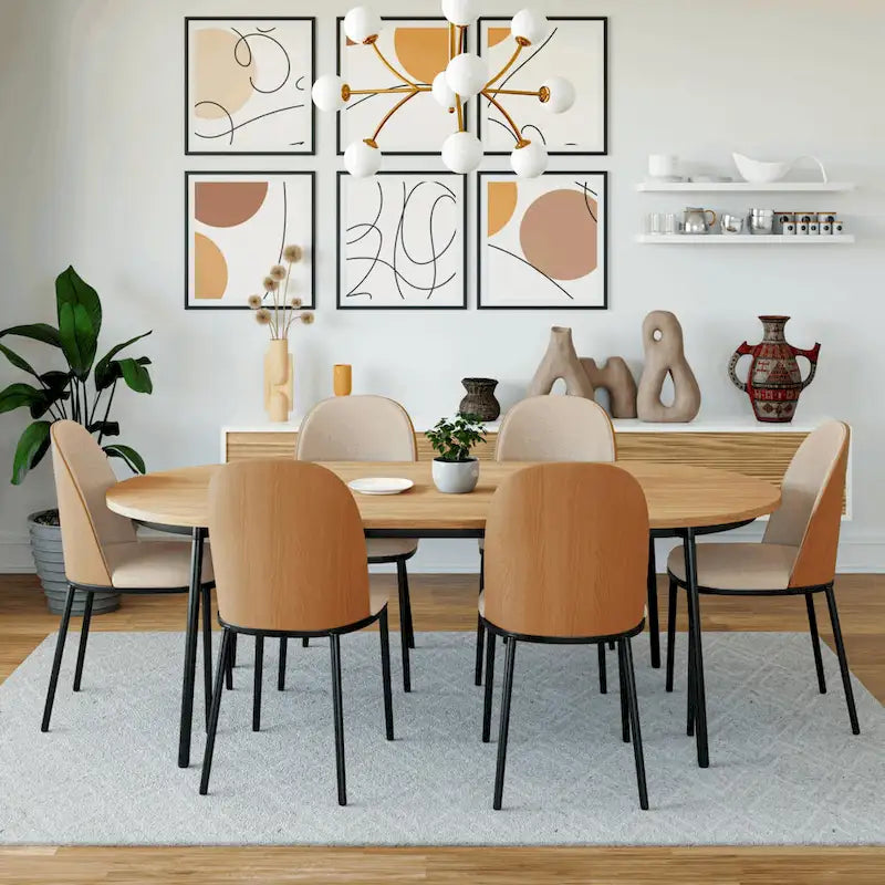 Ensemble de salle à manger 7 pièces, cadre en acier noir, table rectangulaire avec 6 chaises, style industriel moderne