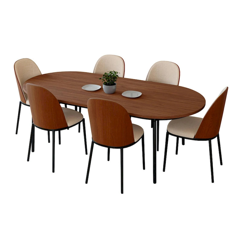Ensemble de salle à manger 7 pièces, cadre en acier noir, table rectangulaire avec 6 chaises, style industriel moderne