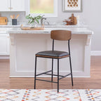 Tabouret de comptoir 25", assise en similicuir blanc, structure en acier noir, dossier en bois, style industriel/ferme moderne