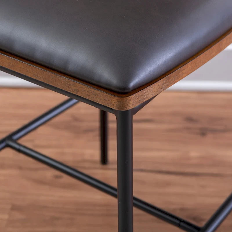 Tabouret de comptoir 25", assise en similicuir blanc, structure en acier noir, dossier en bois, style industriel/ferme moderne