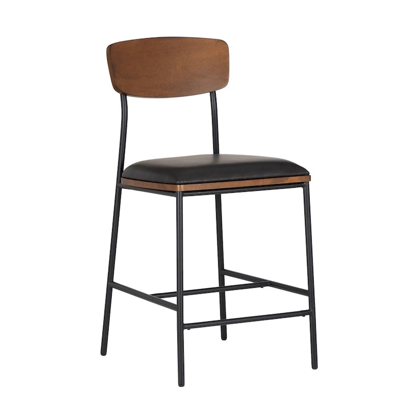 Tabouret de comptoir 25", assise en similicuir blanc, structure en acier noir, dossier en bois, style industriel/ferme moderne