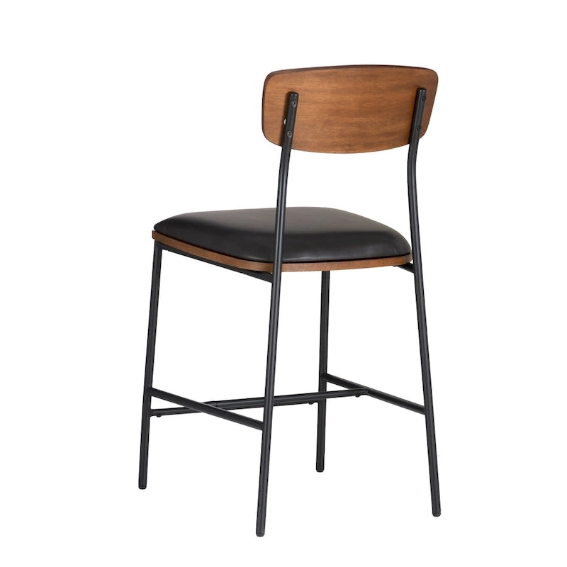 Tabouret de comptoir 25", assise en similicuir blanc, structure en acier noir, dossier en bois, style industriel/ferme moderne