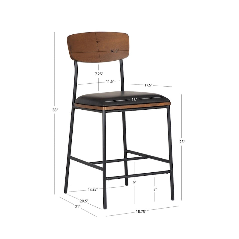 Tabouret de comptoir 25", assise en similicuir blanc, structure en acier noir, dossier en bois, style industriel/ferme moderne