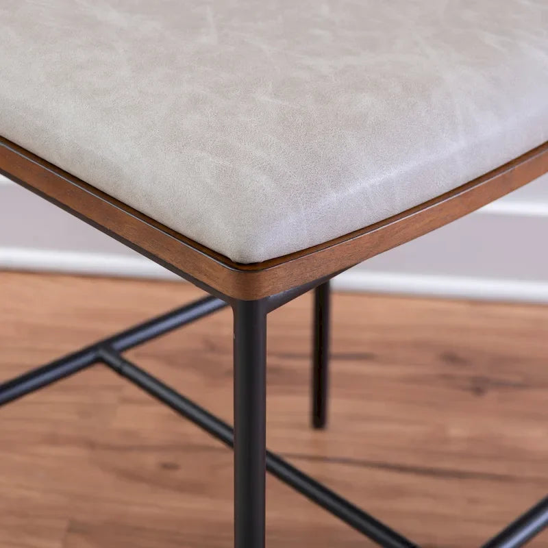 Tabouret de comptoir 25", assise en similicuir blanc, structure en acier noir, dossier en bois, style industriel/ferme moderne