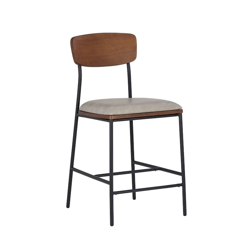 Tabouret de comptoir 25", assise en similicuir blanc, structure en acier noir, dossier en bois, style industriel/ferme moderne