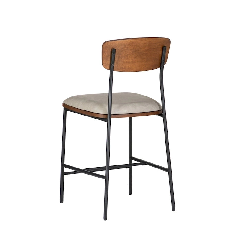 Tabouret de comptoir 25", assise en similicuir blanc, structure en acier noir, dossier en bois, style industriel/ferme moderne