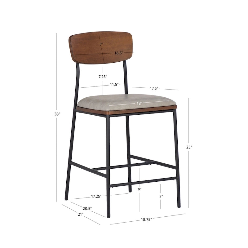 Tabouret de comptoir 25", assise en similicuir blanc, structure en acier noir, dossier en bois, style industriel/ferme moderne