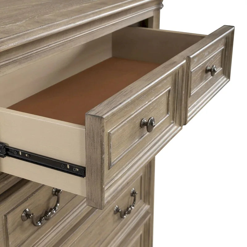 Commode 5 tiroirs, style traditionnel européen, finition blanc antique ou bisque vieilli, tiroir doublé de cèdre, L 96,5 cm