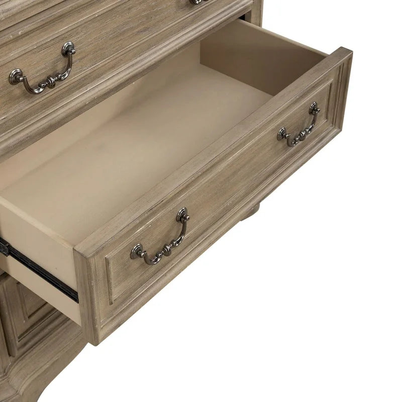 Commode 5 tiroirs, style traditionnel européen, finition blanc antique ou bisque vieilli, tiroir doublé de cèdre, L 96,5 cm