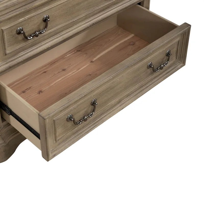 Commode 5 tiroirs, style traditionnel européen, finition blanc antique ou bisque vieilli, tiroir doublé de cèdre, L 96,5 cm