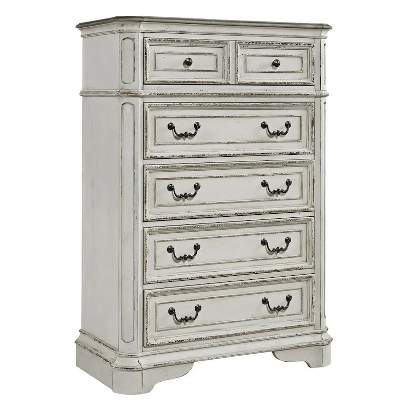 Commode 5 tiroirs, style traditionnel européen, finition blanc antique ou bisque vieilli, tiroir doublé de cèdre, L 96,5 cm