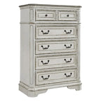 Commode 5 tiroirs, style traditionnel européen, finition blanc antique ou bisque vieilli, tiroir doublé de cèdre, L 96,5 cm