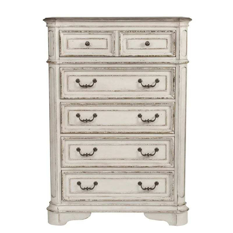 Commode 5 tiroirs, style traditionnel européen, finition blanc antique ou bisque vieilli, tiroir doublé de cèdre, L 96,5 cm