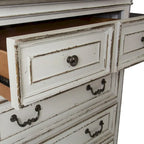 Commode 5 tiroirs, style traditionnel européen, finition blanc antique ou bisque vieilli, tiroir doublé de cèdre, L 96,5 cm