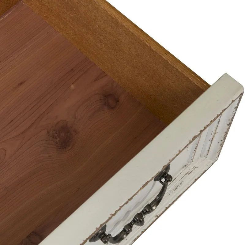 Commode 5 tiroirs, style traditionnel européen, finition blanc antique ou bisque vieilli, tiroir doublé de cèdre, L 96,5 cm