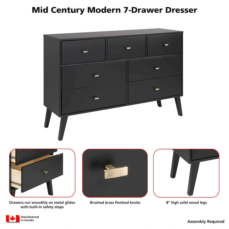 Commode moderne de style scandinave à 7 tiroirs, pieds fuselés, grand espace de rangement pour chambre, finition bois