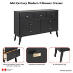 Commode moderne de style scandinave à 7 tiroirs, pieds fuselés, grand espace de rangement pour chambre, finition bois