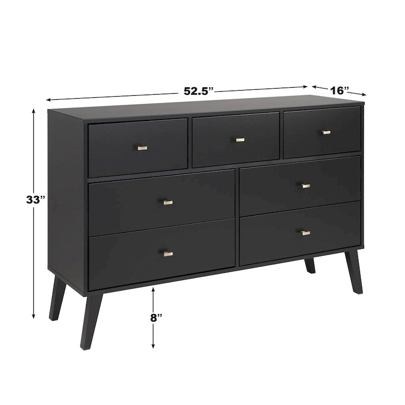 Commode moderne de style scandinave à 7 tiroirs, pieds fuselés, grand espace de rangement pour chambre, finition bois