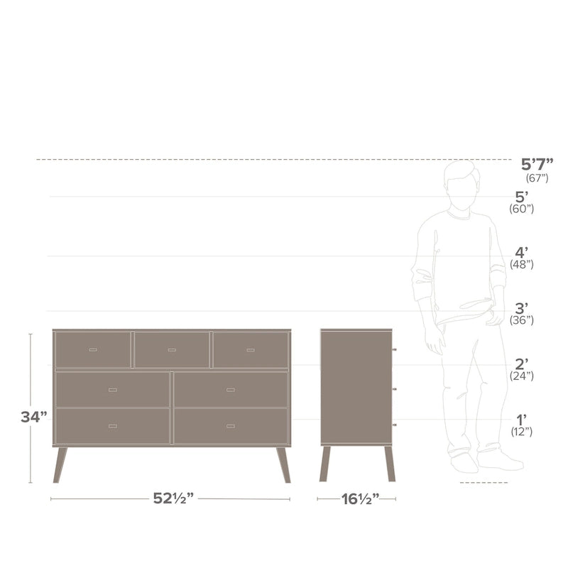 Commode moderne de style scandinave à 7 tiroirs, pieds fuselés, grand espace de rangement pour chambre, finition bois