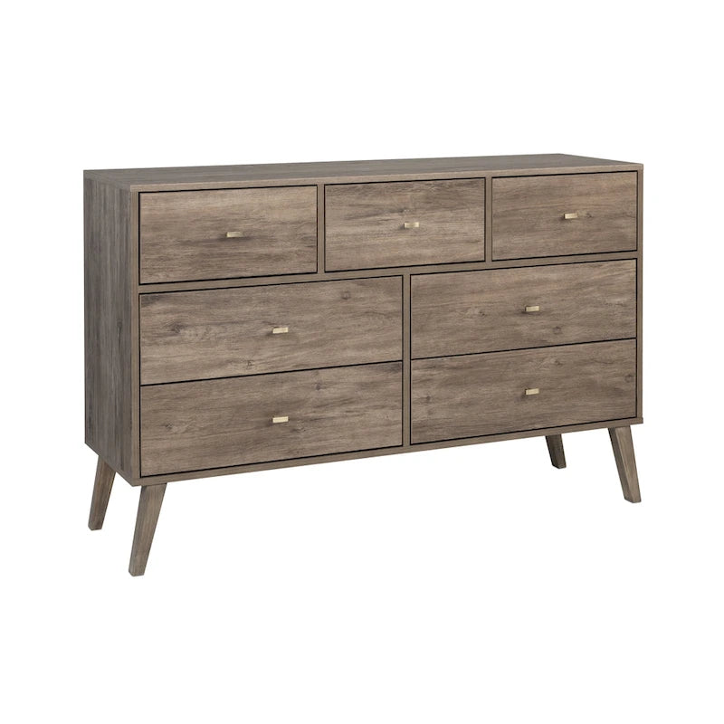 Commode moderne de style scandinave à 7 tiroirs, pieds fuselés, grand espace de rangement pour chambre, finition bois