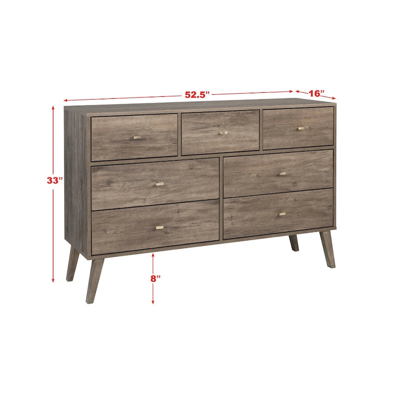 Commode moderne de style scandinave à 7 tiroirs, pieds fuselés, grand espace de rangement pour chambre, finition bois