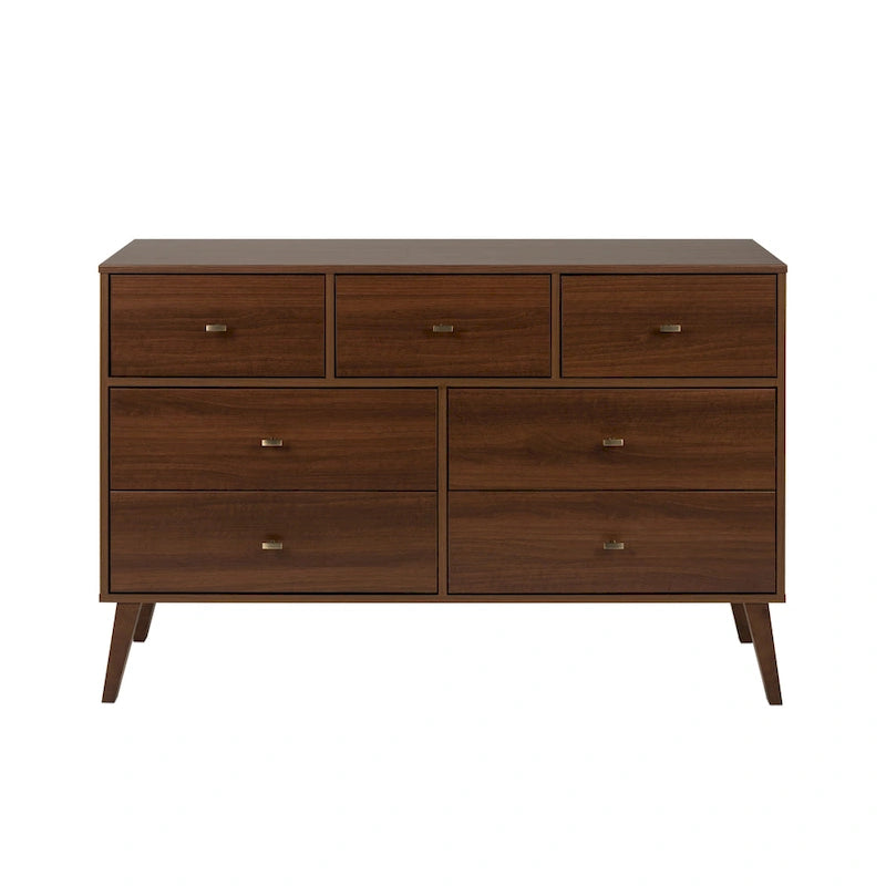 Commode moderne de style scandinave à 7 tiroirs, pieds fuselés, grand espace de rangement pour chambre, finition bois