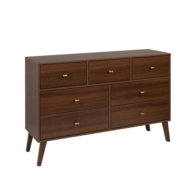 Commode moderne de style scandinave à 7 tiroirs, pieds fuselés, grand espace de rangement pour chambre, finition bois