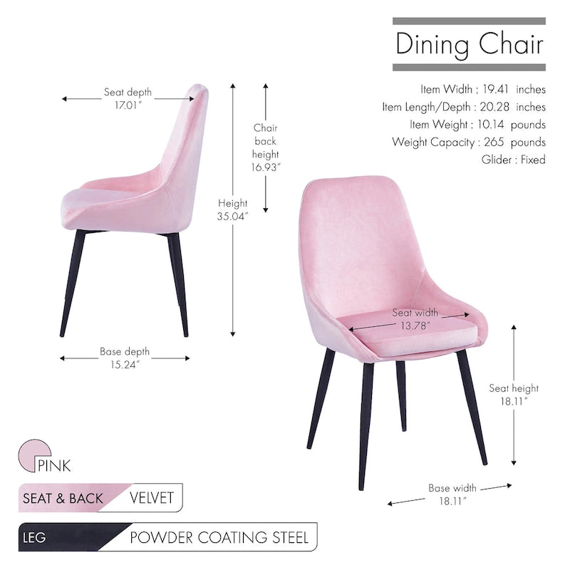 Lot de 2 chaises de salle à manger en velours, pieds en acier, chaises d'appoint rembourrées, salle à manger moderne et glamour