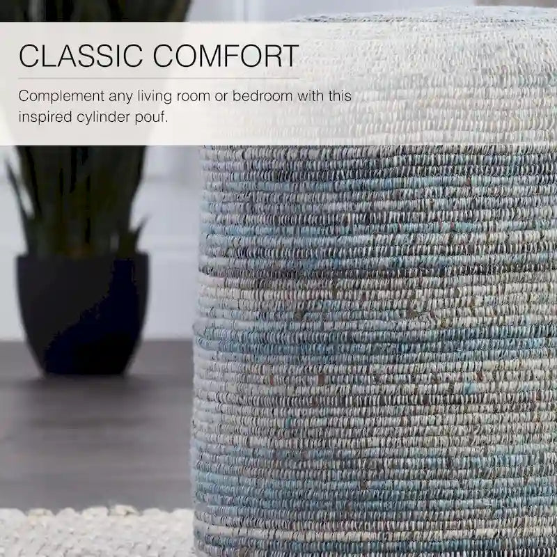 Pouf cylindrique rayé, 60 % polyester 40 % laine, fait main, remplissage billes de polystyrène, 45,7 x 55,9 cm