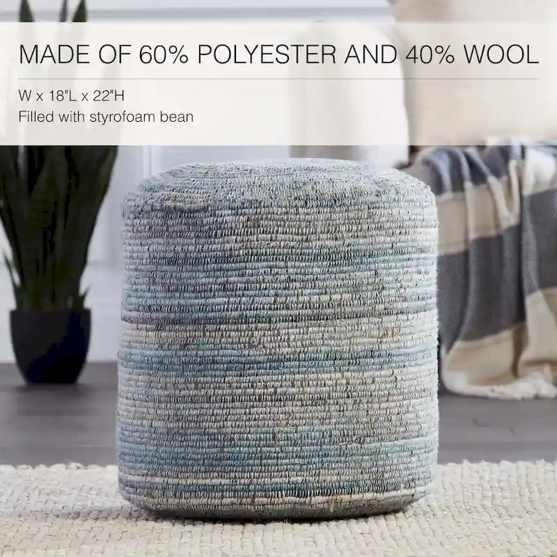 Pouf cylindrique rayé, 60 % polyester 40 % laine, fait main, remplissage billes de polystyrène, 45,7 x 55,9 cm