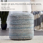 Pouf cylindrique rayé, 60 % polyester 40 % laine, fait main, remplissage billes de polystyrène, 45,7 x 55,9 cm