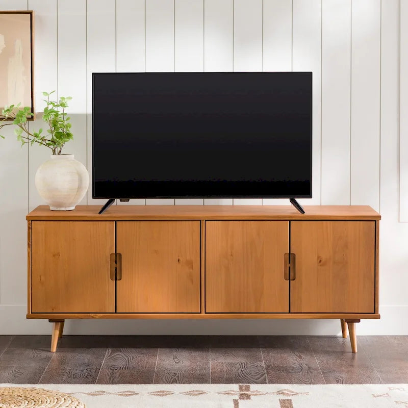 Meuble TV scandinave en bois massif, étagères ouvertes, console multimédia pour TV jusqu'à 65 pouces