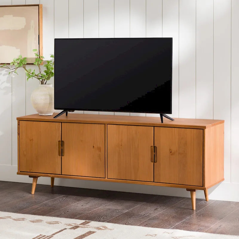 Meuble TV scandinave en bois massif, étagères ouvertes, console multimédia pour TV jusqu'à 65 pouces