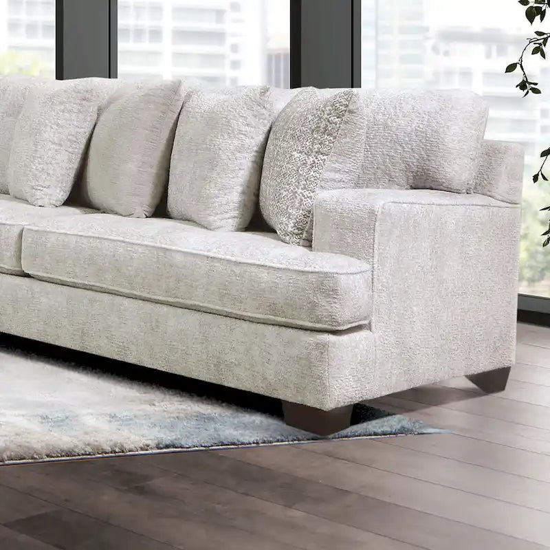 Canapé sectionnel d'angle en chenille beige, design symétrique, pour salon contemporain