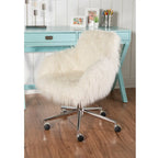 Chaise de bureau Off-White en fausse fourrure, base pivotante, hauteur réglable, chaise d'appoint glamour pour bureau à domicile