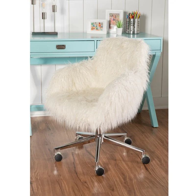 Chaise de bureau Off-White en fausse fourrure, base pivotante, hauteur réglable, chaise d'appoint glamour pour bureau à domicile