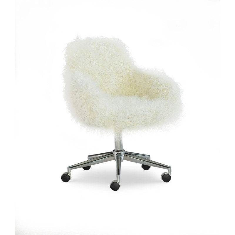Chaise de bureau Off-White en fausse fourrure, base pivotante, hauteur réglable, chaise d'appoint glamour pour bureau à domicile