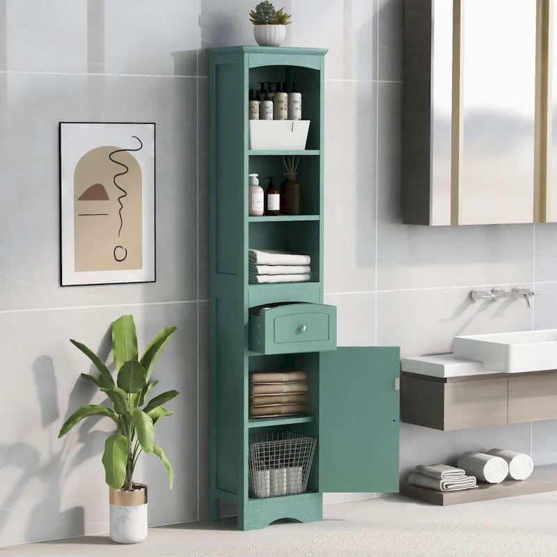 Tour de rangement pour linge de maison, armoire de salle de bain haute avec tiroir en MDF et étagère réglable
