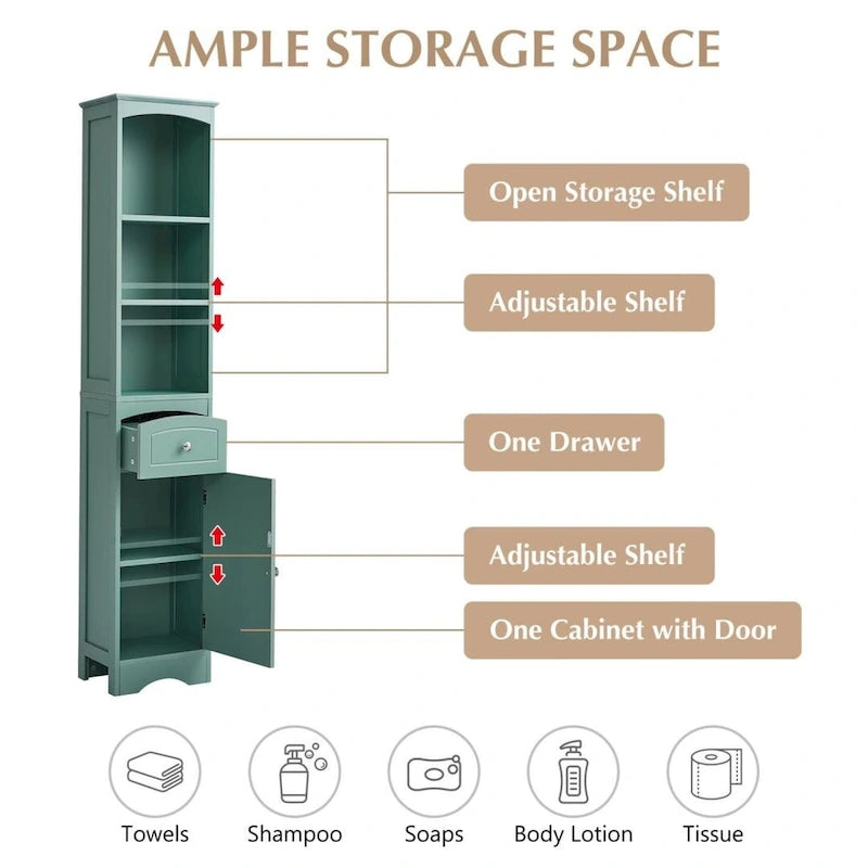Tour de rangement pour linge de maison, armoire de salle de bain haute avec tiroir en MDF et étagère réglable